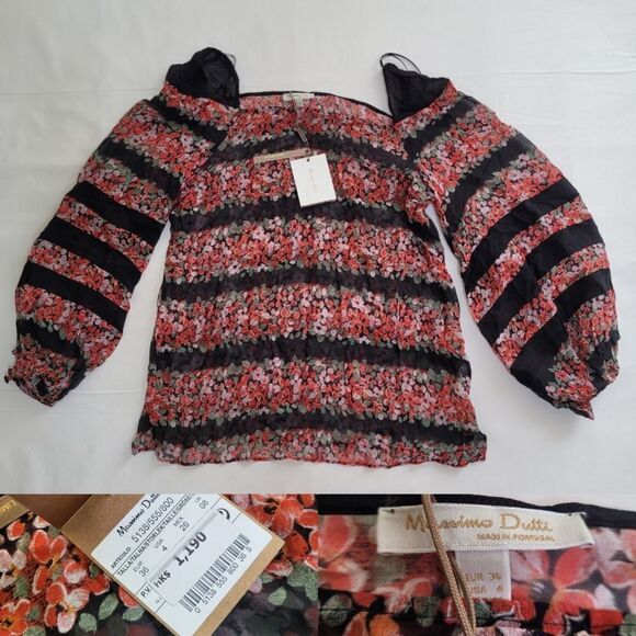 NEW SILK MASSIMO DUTTI ITALIAN MULBERRY BLACK RED LT ED Hong Kong BLOUSE 4 SMALL - Picture 1 of 12